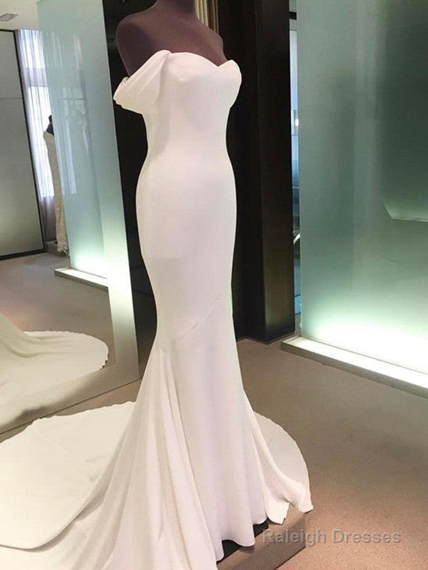 Minimalist Tight Fitting Off The Shoulder Short Sleeved And Floor Length Off The Back Wedding Dresses Main image
