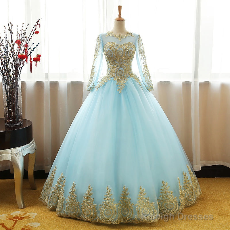 Mint Blue Long Sleeves With Gold Lace Long Prom Dresses Tulle Round Neckline Sweet 16 Dresses