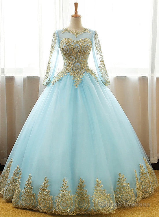 Mint Blue Long Sleeves With Gold Lace Long Party Dress, Tulle Round Neckline Sweet 16 Dress