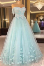 Mint Blue Sweetheart Tulle With Lace And Flowers Formal Dress, Tulle Long Prom Dress Party Dress