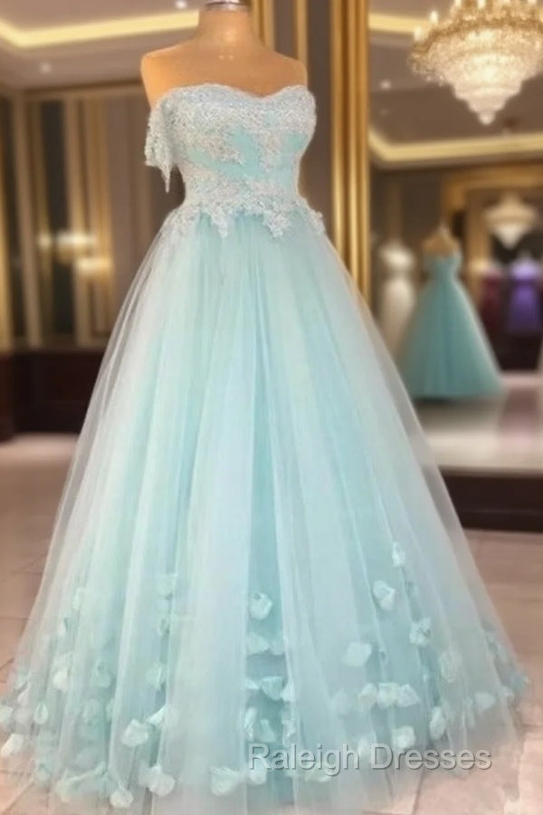 Mint Blue Sweetheart Tulle With Lace And Flowers Formal Dress, Tulle Long Prom Dress Party Dress