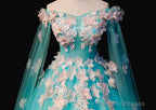 Mint Blue Tulle Embroidery Silk Flowers Quinceanera Dress, Blue Long Ball Gown Formal Dress