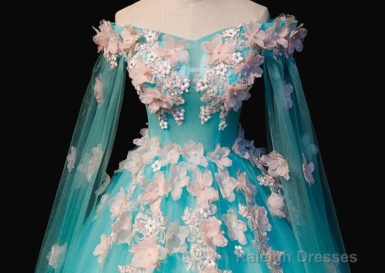 Mint Blue Tulle Embroidery Silk Flowers Quinceanera Dress, Blue Long Ball Gown Formal Dress