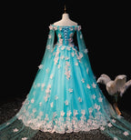Mint Blue Tulle Embroidery Silk Flowers Quinceanera Dress, Blue Long Ball Gown Formal Dress