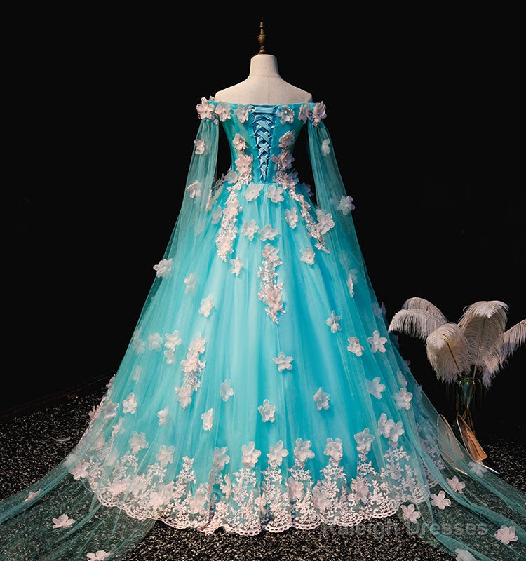 Mint Blue Tulle Embroidery Silk Flowers Quinceanera Dress, Blue Long Ball Gown Formal Dress