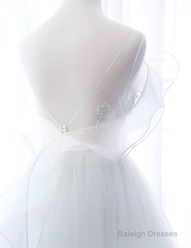 Mint Green And White Glam Tulle With Lace Long Wedding Party Dress, Beautiful Formal Dresses