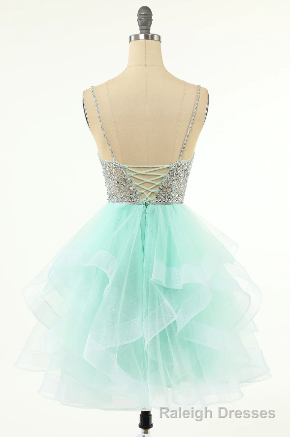 Mint Green Homecoming Dresses Straps V-Neck Multi-Layer Beaded Prom Dresses