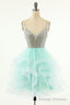 Mint Green Homecoming Dresses Straps V-Neck Multi-Layer Beaded Prom Dresses