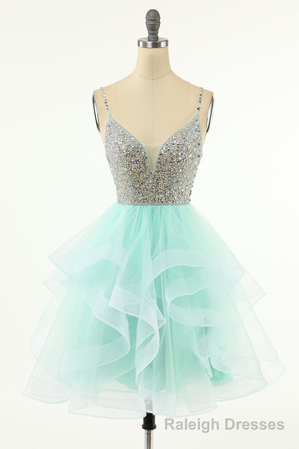 Mint Green Homecoming Dresses Straps V Neck Multi-Layer Beaded Prom Dresses
