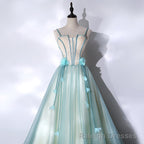 Mint Green Long Tulle with Lace Sweet 16 Dress, Long Prom Dresses