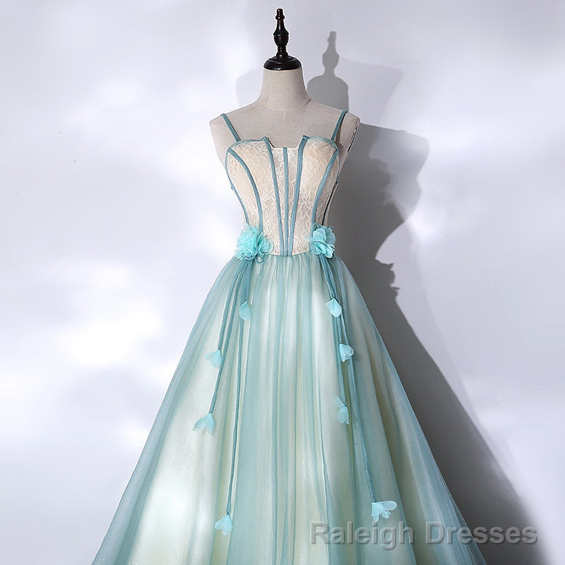 Mint Green Long Tulle with Lace Sweet 16 Dress, Long Prom Dresses