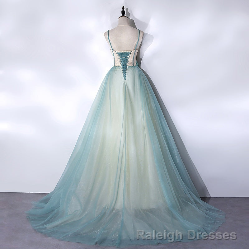 Mint Green Long Tulle with Lace Sweet 16 Dress, Long Prom Dresses