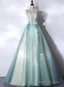 Mint Green Long Tulle with Lace Sweet 16 Dress, Long Prom Dresses