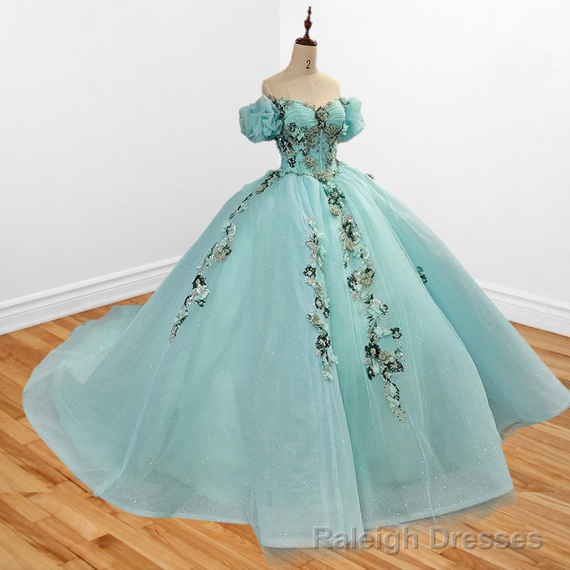 Mint Green Off Shoulder Court Train Quinceaera Dress