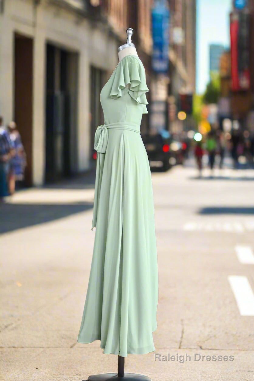 Mint Green Sheath Floor Length Short Sleeves V Neck Chiffon Bridesmaid Dresses