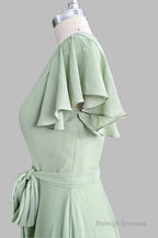 Mint Green Sheath Floor Length Short Sleeves V Neck Chiffon Bridesmaid Dresses