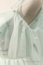 Mint Green Tulle Lace Short Homecoming Dress, A Line Mini Prom Dress