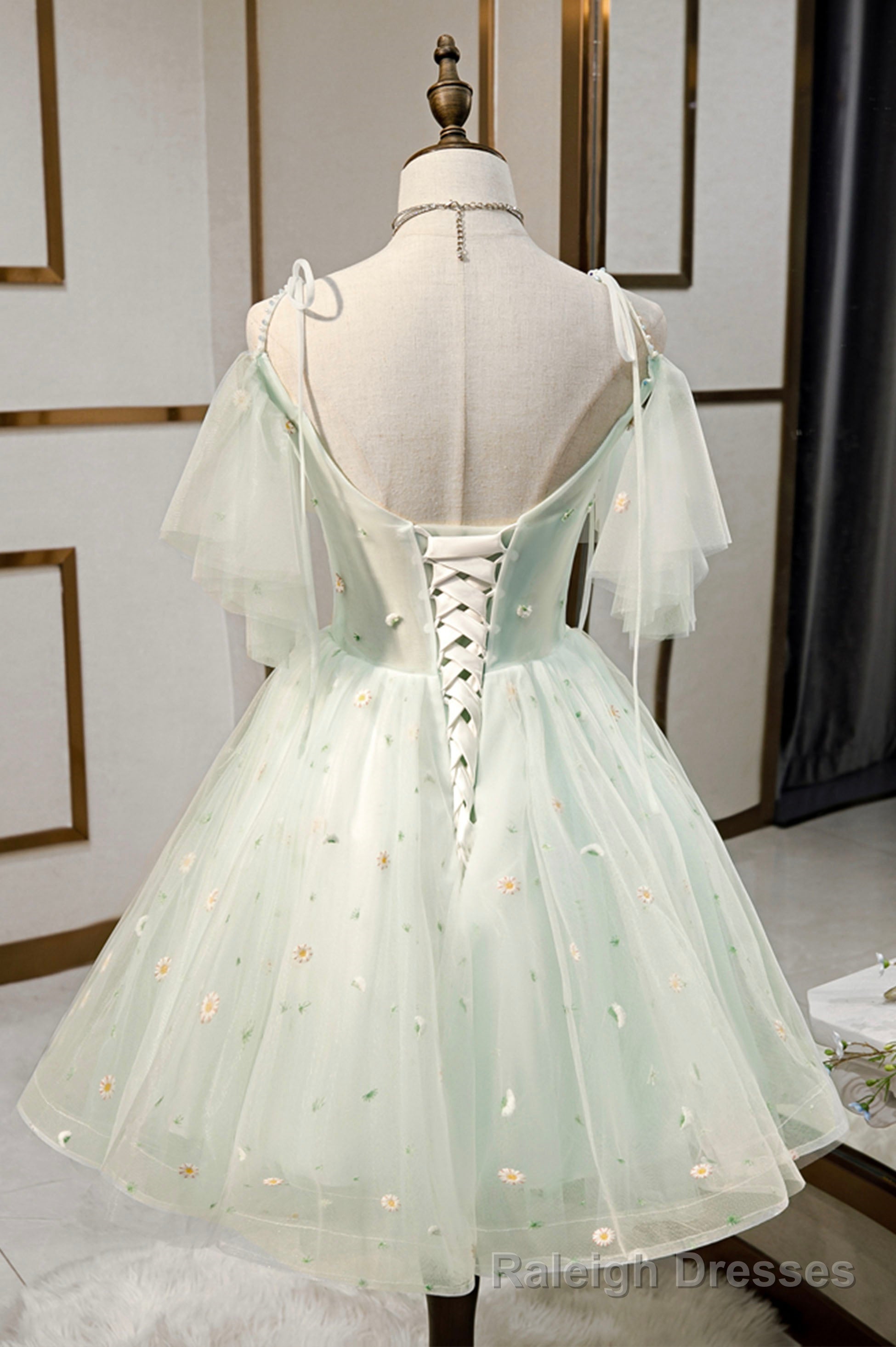 Mint Green Tulle Lace Short Homecoming Dress, A Line Mini Prom Dress