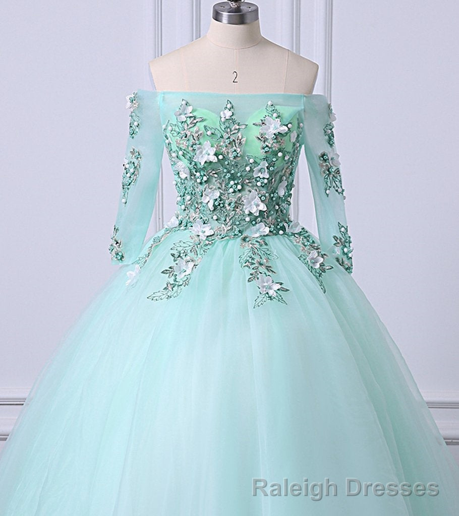 Mint Green Tulle Off Shoulder Long Sleeve Lace Applique Sweet 16 Prom Dress, Formal Dress Secondary image