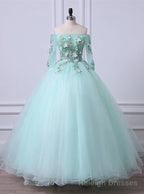 Mint Green Tulle Off Shoulder Long Sleeve Lace Applique Sweet 16 Prom Dress, Formal Dress