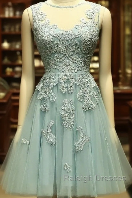 Mint Green Tulle Short Lace Beaded Knee Length Wedding Prom Dresses Lovely Homecoming Dresses Prom Dresses Main image