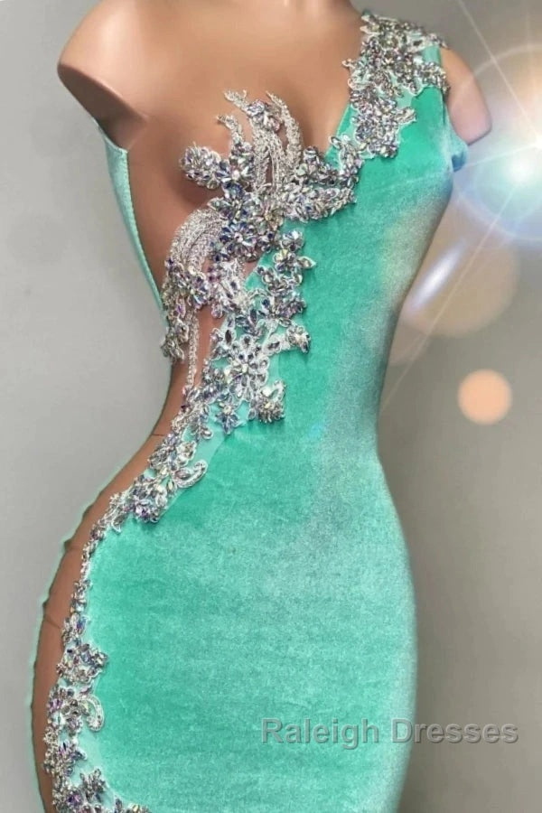 Mint Green Velvet Crstyal Sheer Mermaid Prom Dresses Secondary image