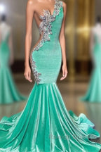 Mint Green Velvet Crstyal Sheer Mermaid Prom Dress