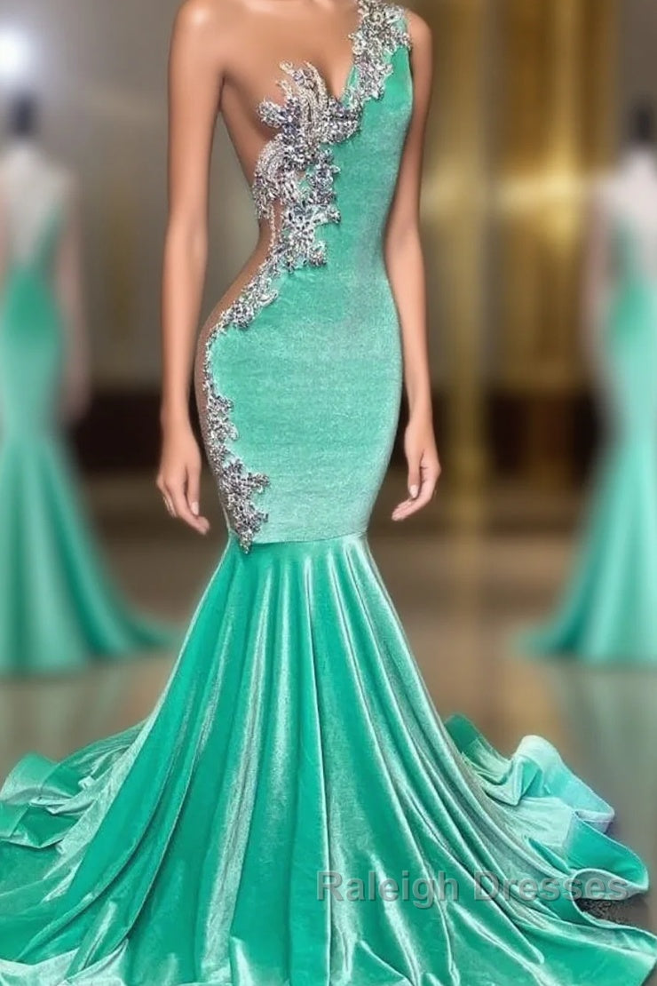Mint Green Velvet Crstyal Sheer Mermaid Prom Dresses Main image