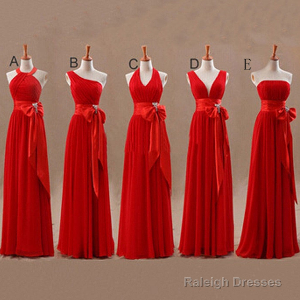Mismatched Junior Chiffon Red Long A-Line Floor Length Bow Sash Cheap Maxi Bridesmaid Dresses, Main image