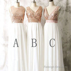 Mismatched Sequin Top White Chiffon Sleeveless Long Column Bridesmaid Dresses For Wedding,