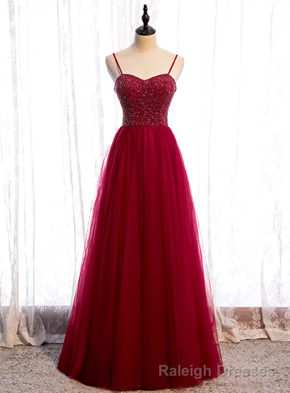 Modern Burgundy Tulle Spaghetti Straps Beading Prom Dress