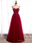 Modern Burgundy Tulle Spaghetti Straps Beading Prom Dress