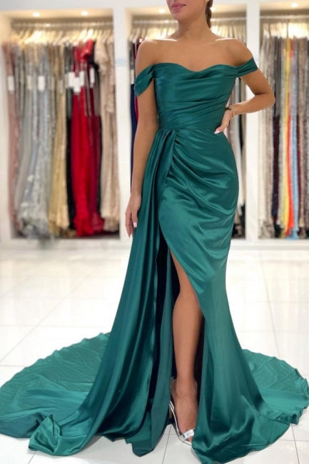 Modern Dark Green Off-The-Shoulder Slit Mermaid Prom Dresses