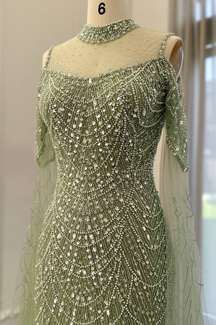 Modern High Neck Pearls Prom Dress Mermaid Long With Ruffle