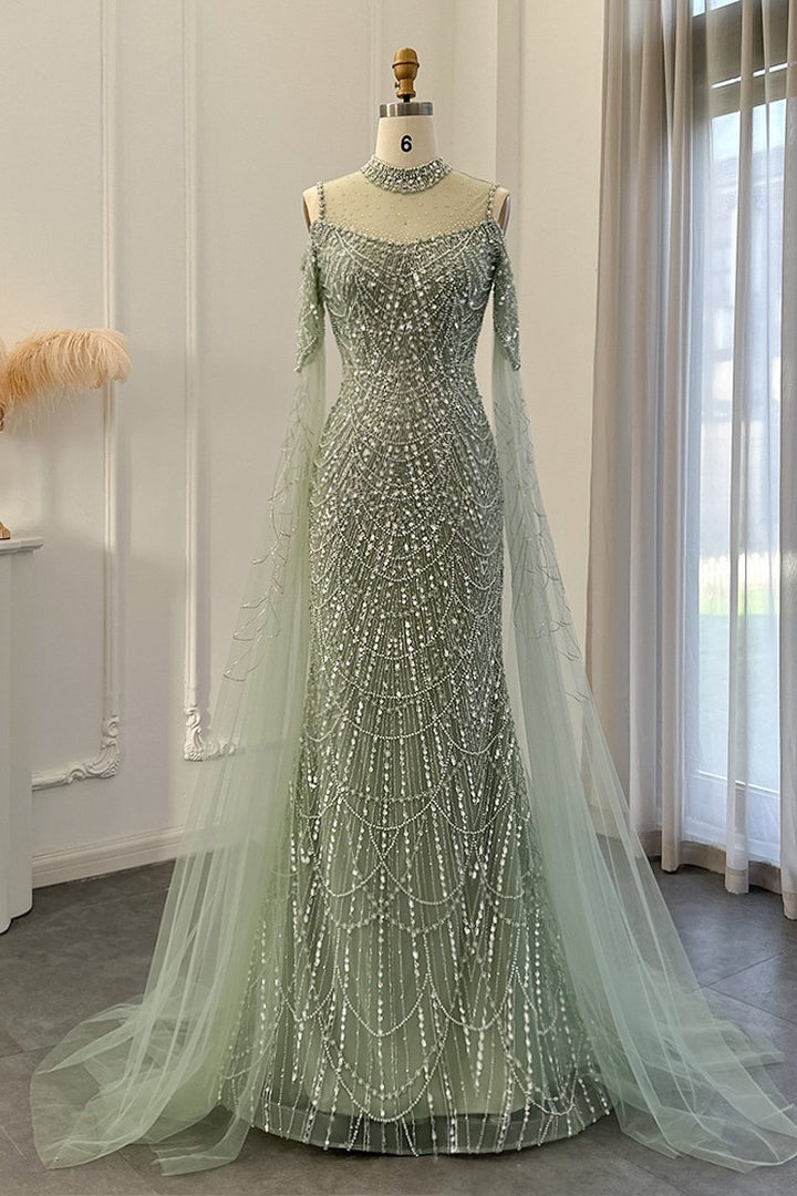 Modern High Neck Pearls Prom Dress Mermaid Long With Ruffle Main image