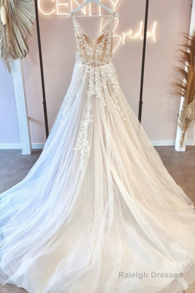Modern Long V Neck Sleeveless Lace Wedding Dresses Online Secondary image