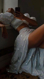 Modest 2 Pieces Sequin White Formal Prom Dress 22Th Birthday Outfit