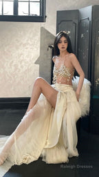 Modest 2 Pieces Strapless Long Champagne Tulle Prom Dress