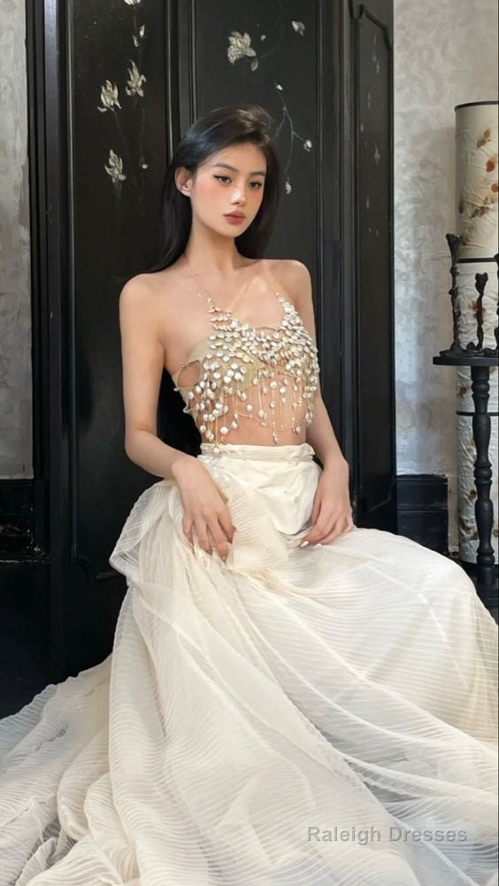 Modest 2 Pieces Strapless Long Champagne Tulle Prom Dress