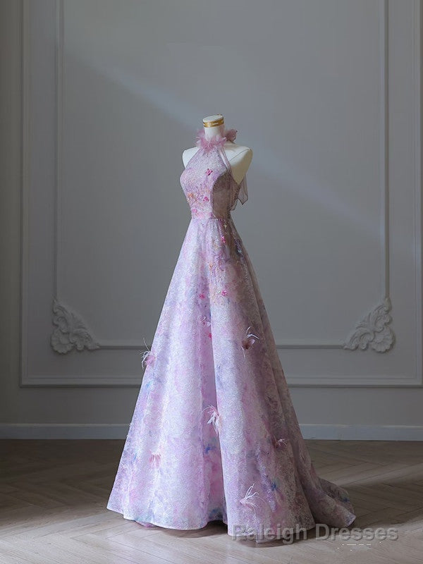 Modest A Line High Neckline Lilac Lace Tulle Flowers Prom Dress Secondary image