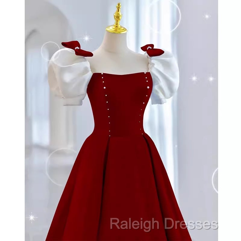 Modest A Line Long Short Sleeves Satin Red Prom Dresses