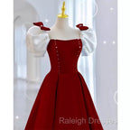 Modest A-Line Long Short Sleeves Satin Red Prom Dress