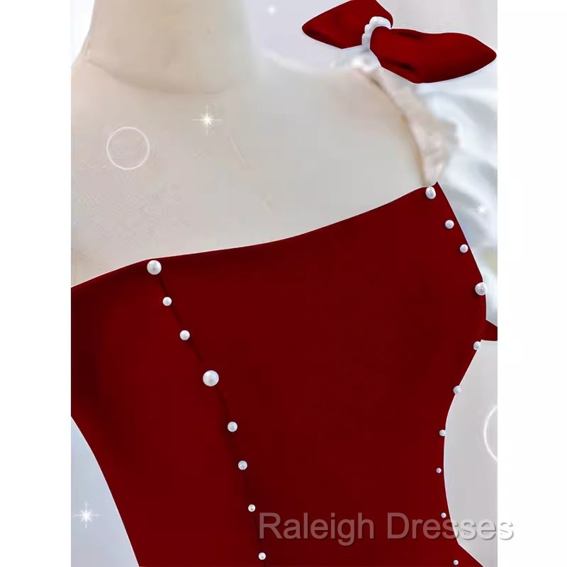 Modest A Line Long Short Sleeves Satin Red Prom Dresses