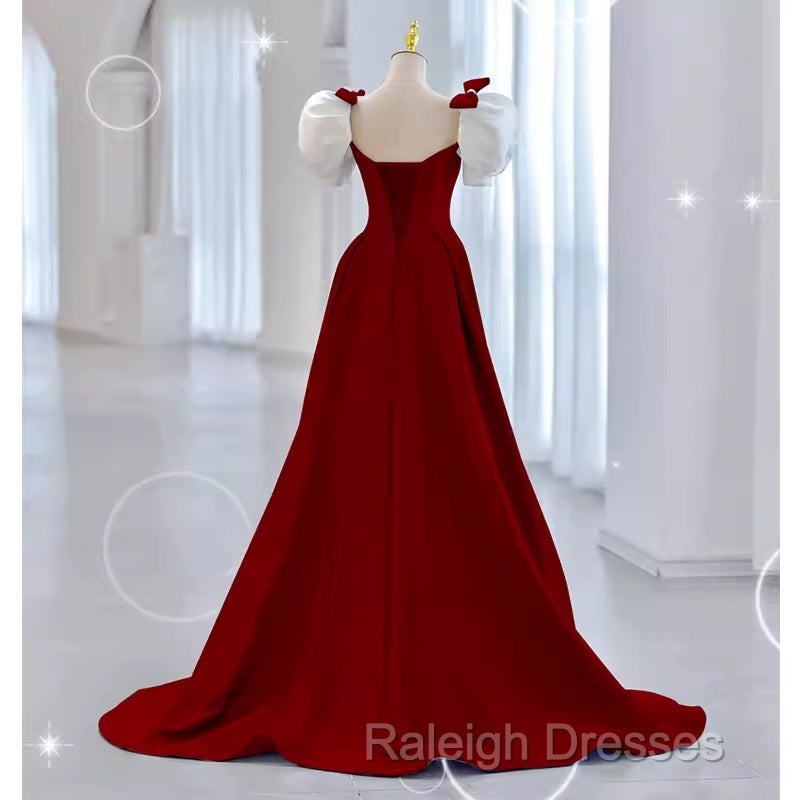 Modest A-Line Long Short Sleeves Satin Red Prom Dress