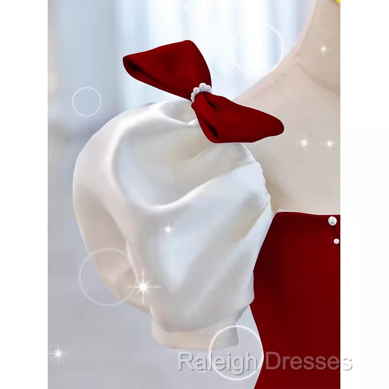 Modest A Line Long Short Sleeves Satin Red Prom Dresses