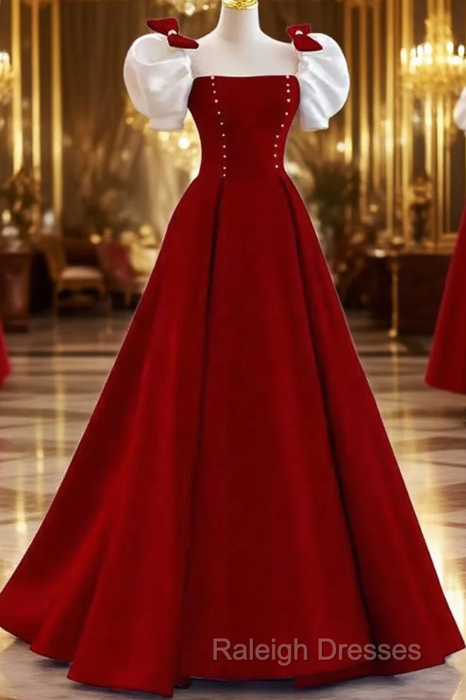 Modest A-Line Long Short Sleeves Satin Red Prom Dress Main image