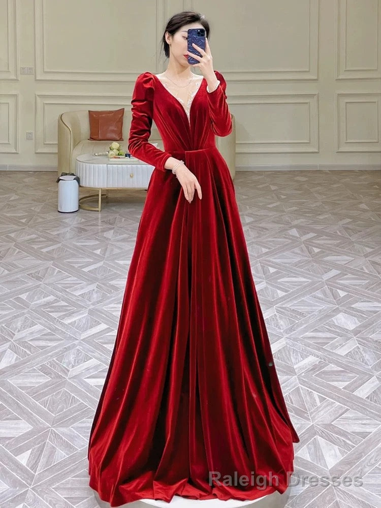 Modest A Line Long Sleeves Red Satin Evening Dress Prom Dresses Main image