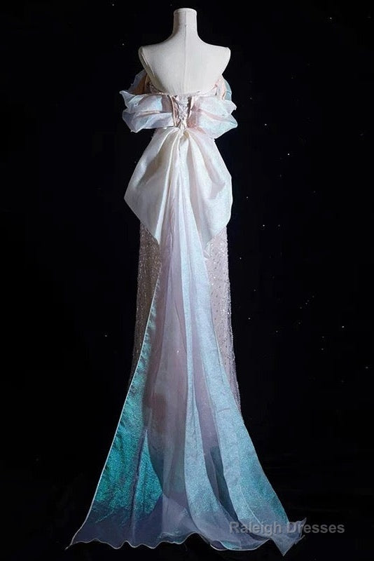 Modest A Line Off The Shoulder Pink Sequin Long Floor Length Pearls Prom Dresses