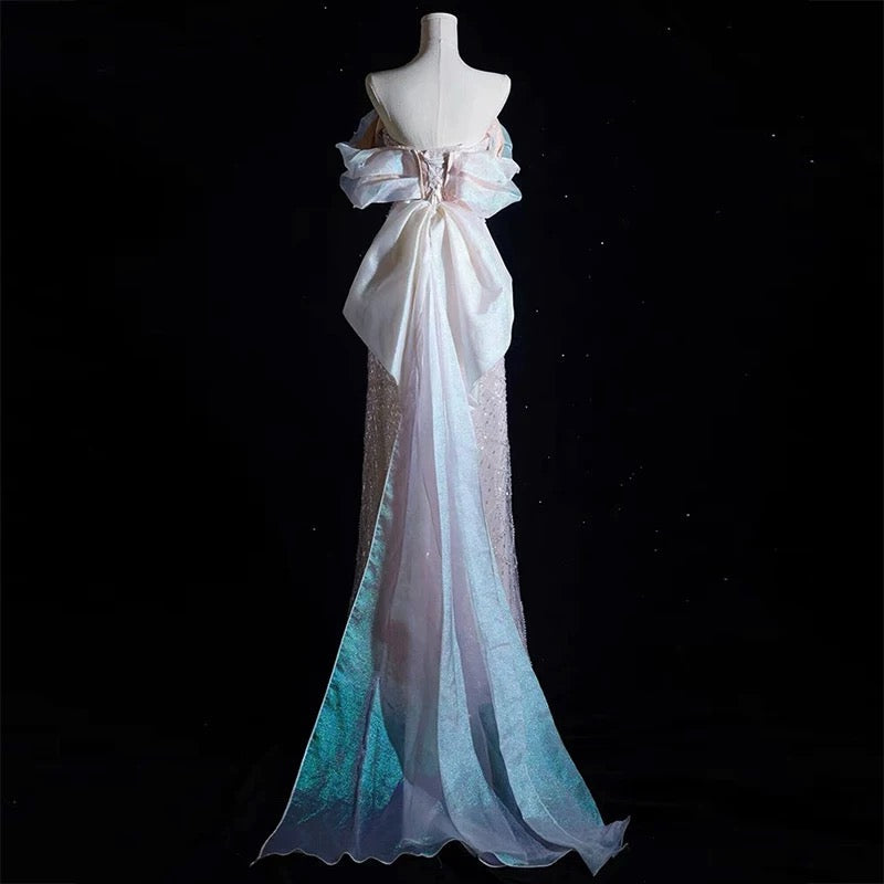 Modest A-Line Off The Shoulder Pink Sequin Long Floor Length Pearls Prom Dress