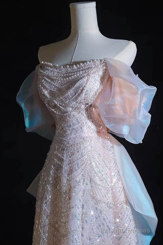 Modest A Line Off The Shoulder Pink Sequin Long Floor Length Pearls Prom Dresses